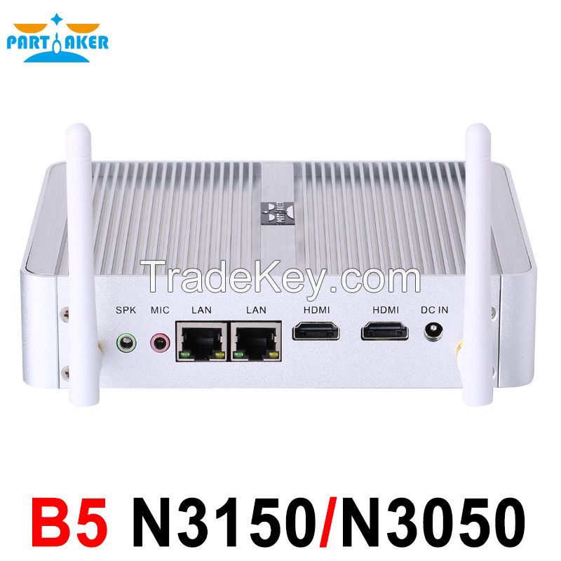 Partaker B5 Fanless Desktop Computer Mini Pc N3150 N3050 with Dual Lan Dual HDMI Free WiFi Barebone Max 8G RAM 512G SSD 1TB HDD