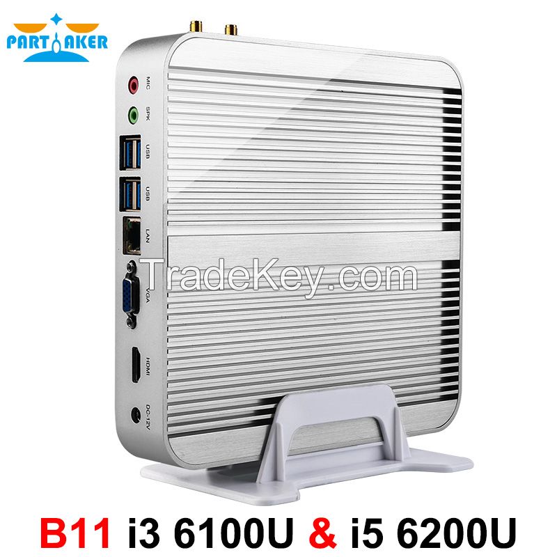 Partaker B11 Business Barebone Computer Fanless Mini PC with Intel Core i3 6100U i5 6200U i7 6500U i7 6600U 6th Gen Skylake CPU