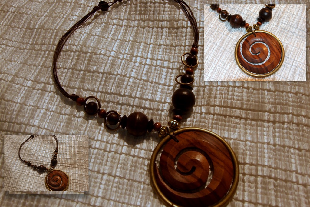 Necklace with wooden beads and large wood and brass pendant