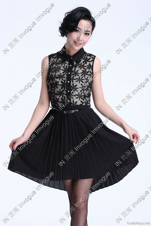 HOT!! 10503 Trendy Leaves Lace Ruffle Dress BLACK