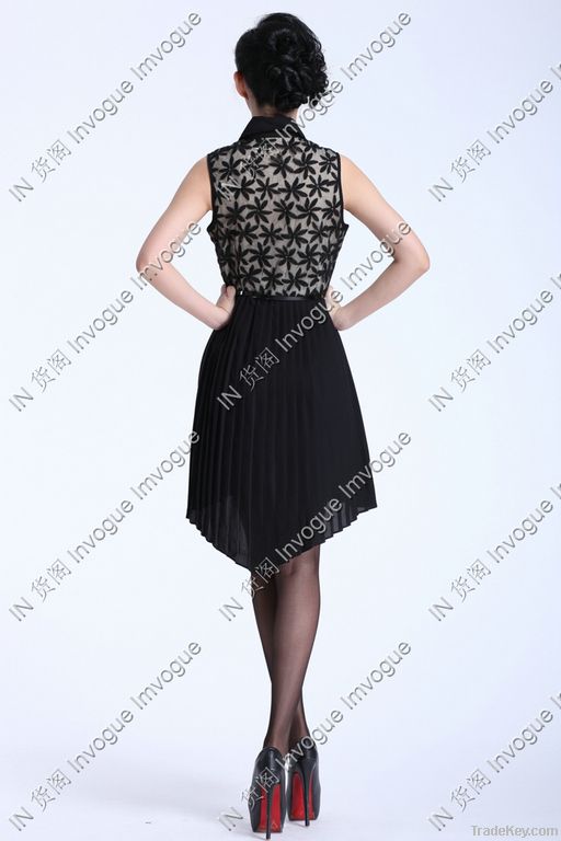 HOT!! 10503 Trendy Leaves Lace Ruffle Dress BLACK