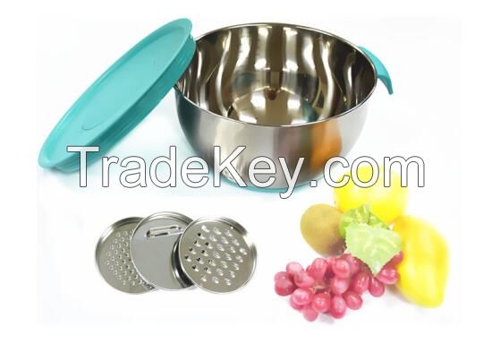 Stainless Steel Salad Bowl With Silicone Bottom,Lids,3 Types Graters