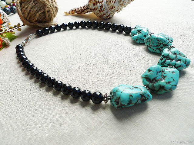 natural gemstone black agate and blue Turquoise necklace