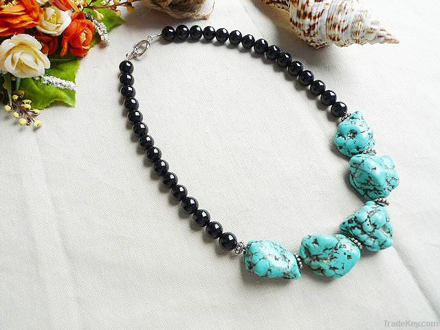 natural gemstone black agate and blue Turquoise necklace