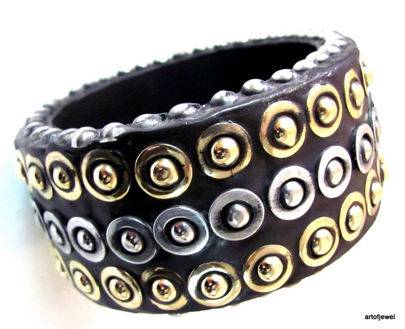 SILVER STUDDED BEADED WOOD WOODEN BANGLE BRACELET CUFF JEWELRY