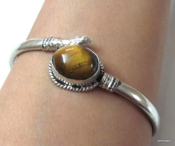 TRIBAL SNAKE STYLE TIGERS EYE SILVER TONE BRACELET CUFF