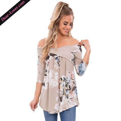 Dear-lover Gray Floral Off Shoulder Crisscross women&#039;s blouse