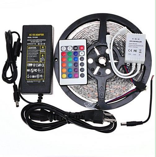 New!!! RGB Led Strip Waterproof 5M SMD 5050 300 LEDs/Roll +24 keys IR Remote+12V 6A Power Adapter 