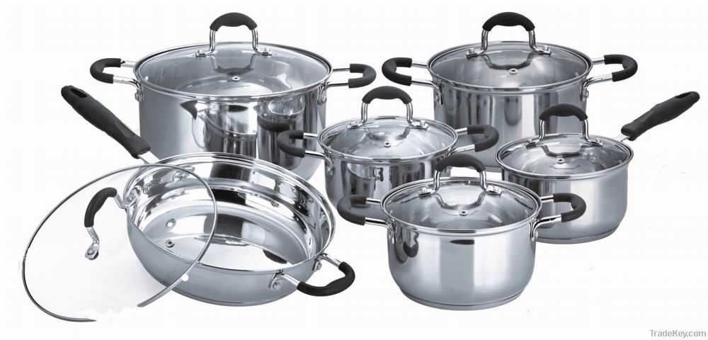 12pcs stainless steel cookware set silicon handle casserole saucepan