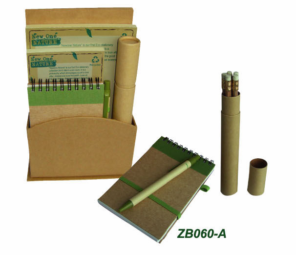 eco-friendly stationary, recycled paper notebook and pen set