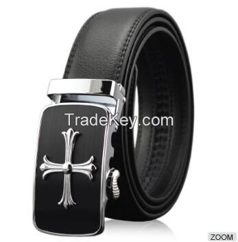 Man's Official Black Real Leather Belt with Simple Automatic buckle