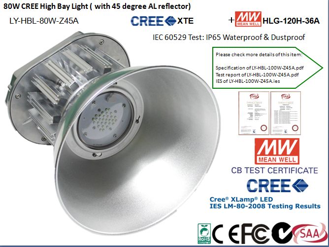 UL SAA, IP65 80w Led High Bay Light- 110lm/w, Copper Heat pipe, Meanwell Driver