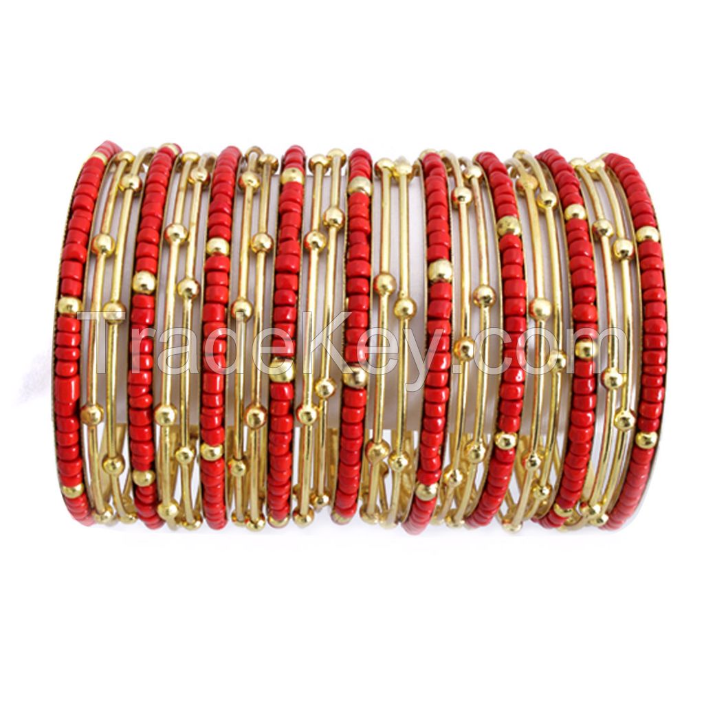 Red N Gold Shimmer Metal Seed Bead Bangle