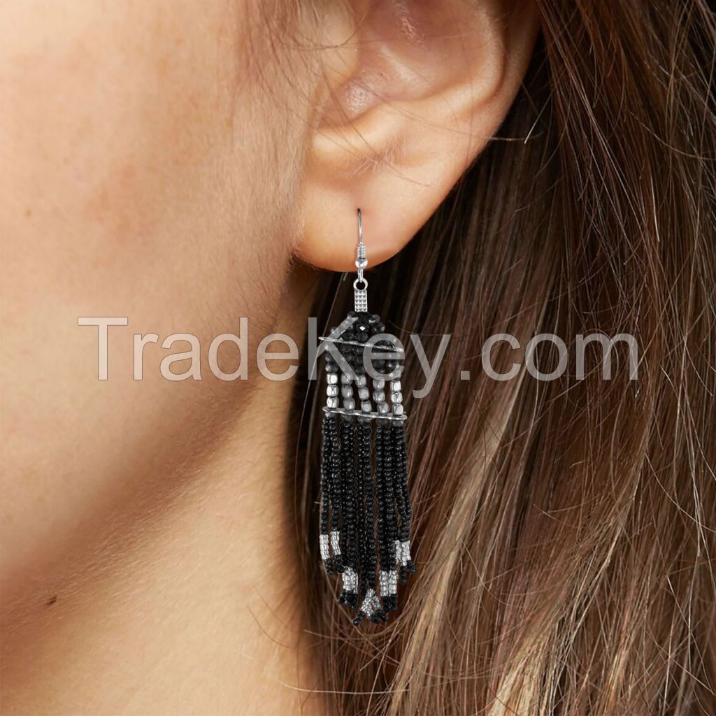 Trendy Fashionable Alloy Metal Black Silver Bead Tassel Drop Earrings (1 Pair)