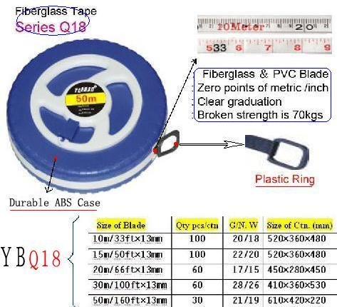 Long closed measuring tape with fibergalss blade