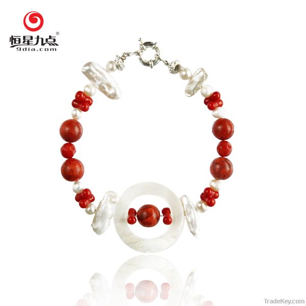 1B001996A Beautiful Bracelet Design with Red Coral, Pearl and Shell