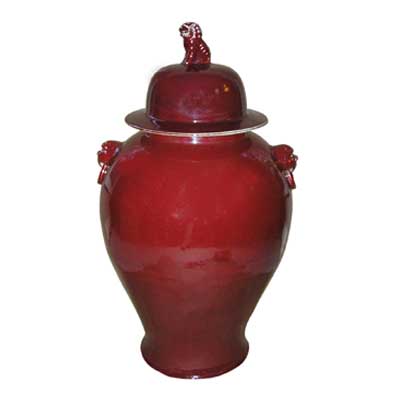 32&quot; Oxblood Porcelain Temple Jar with Lions