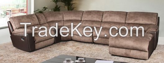 synthetic leather and fabric sectional sofa with reclining