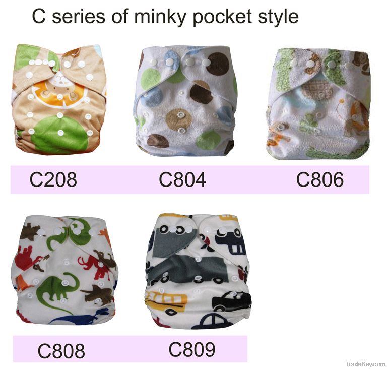 New designed minky printed pocket cloth diapers washable double snap