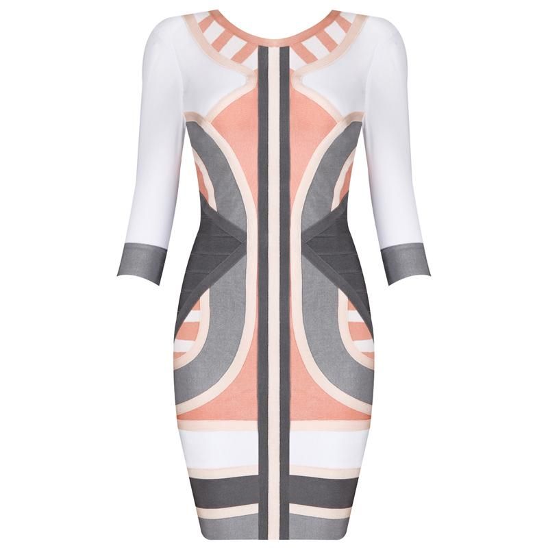 Bqueen Orange And Gray Mixed Color Long Sleeve Bandage Dress H549