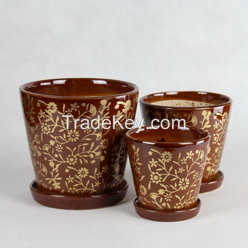 small ceramic flower pot 001 with golden flower