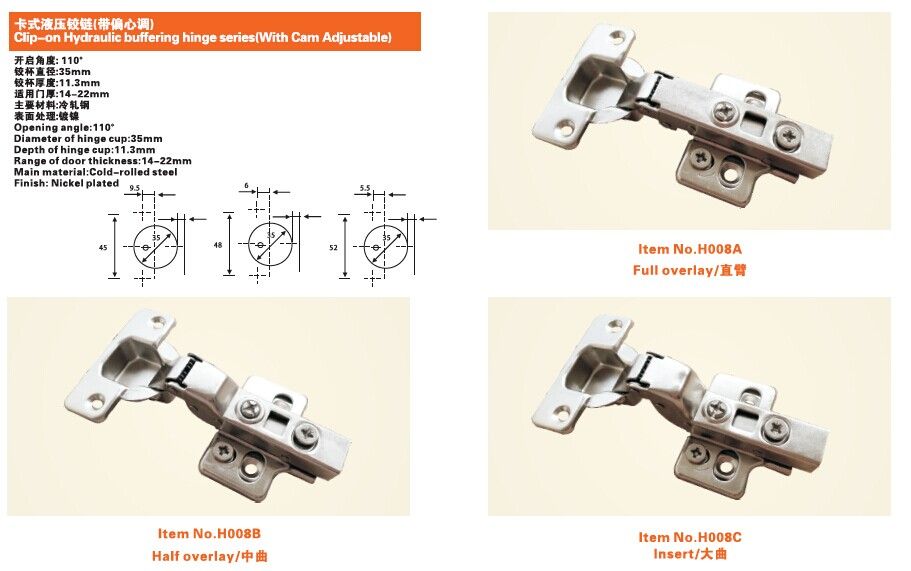 Clip-on Hydraulic buffering hinge series(With Cam Adjustable)