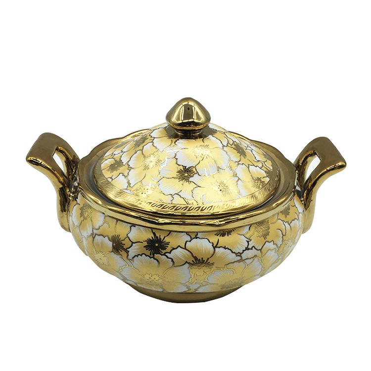 Eletrocplating golden soup bowl Ceramic Big Soup Turren With Lid For Kitchen