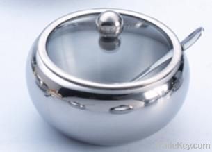 stainless steel sugar bowl with glass lid and spoon