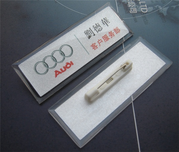 plastic name badge with pin