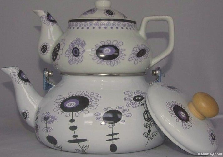 enamel kettle and ceramic teapot set