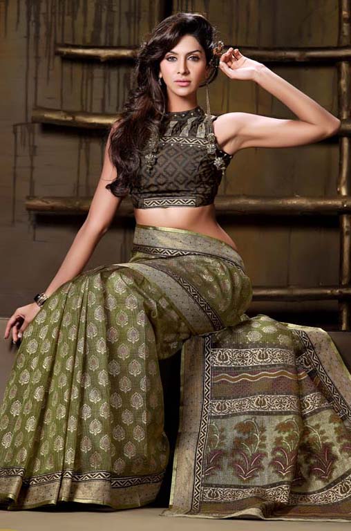 Olive Green Printed Design Cotton Saree