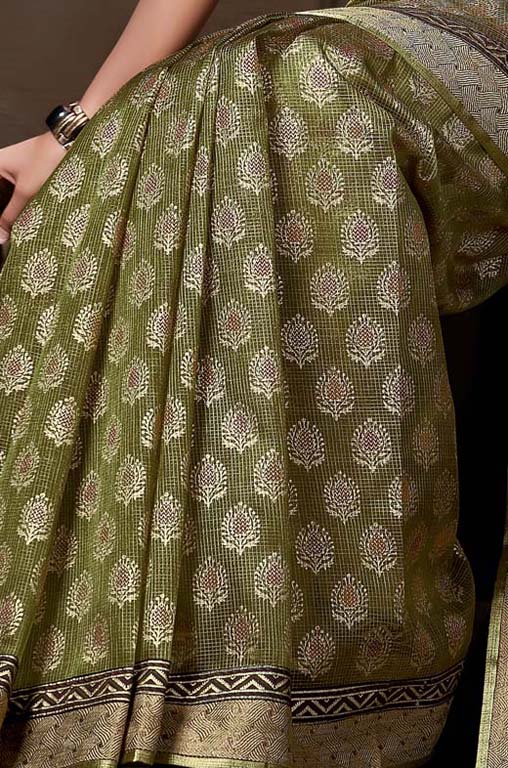 Olive Green Printed Design Cotton Saree