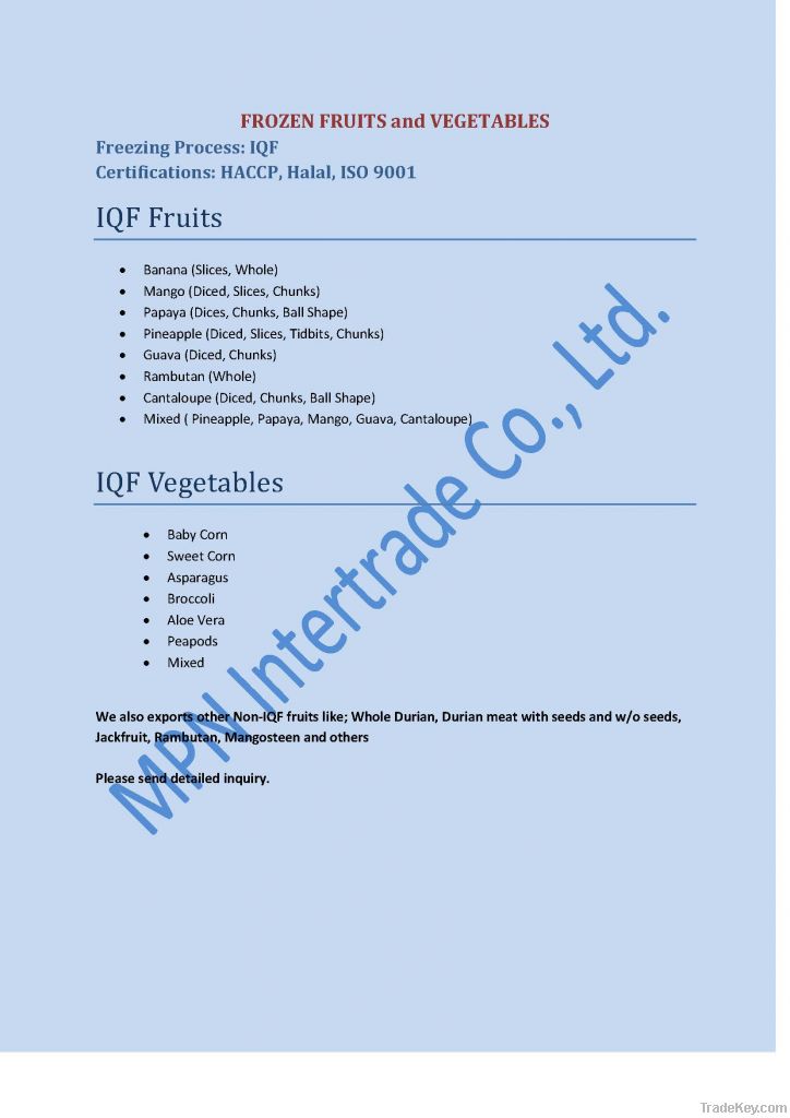 IQF Frozen Fruits and Vegetables from Thailand