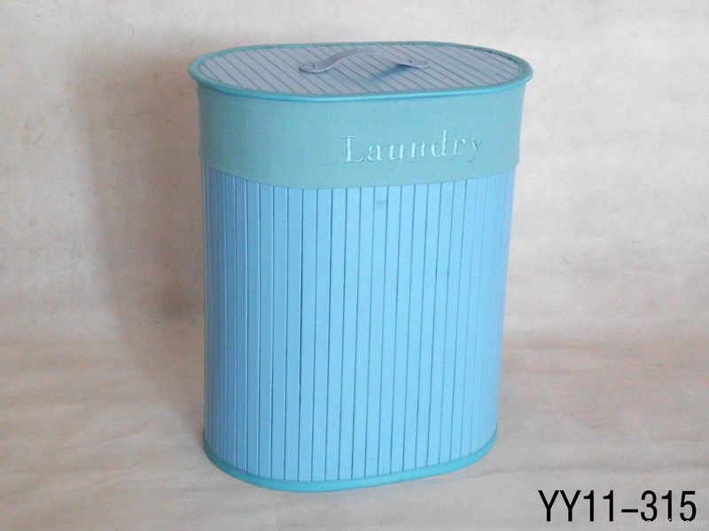 Foldable oval bamboo laundry basket