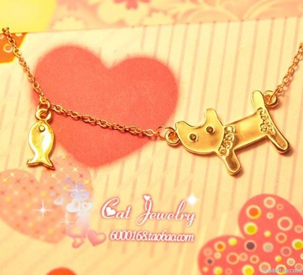 14K Rose Gold, Super Cute Cat &amp; Fish Necklace