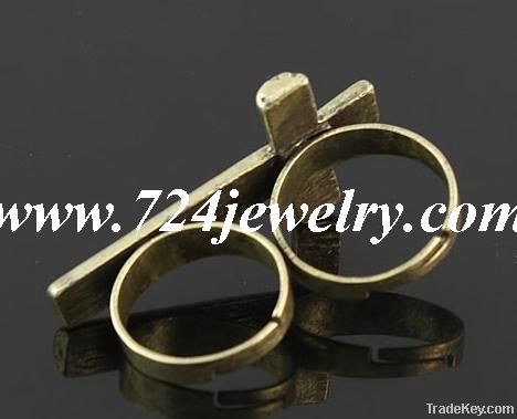 Gold Plated Cross Ring Two Finger RIngs, 100 Pcs/Lot