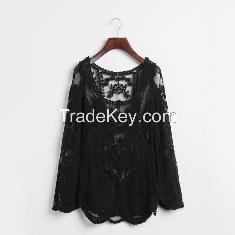 New tops 2014 Fashion Women Lace Blouse Shirt Long Sleeve Pullover All-Matched Sexy Ladies Wear