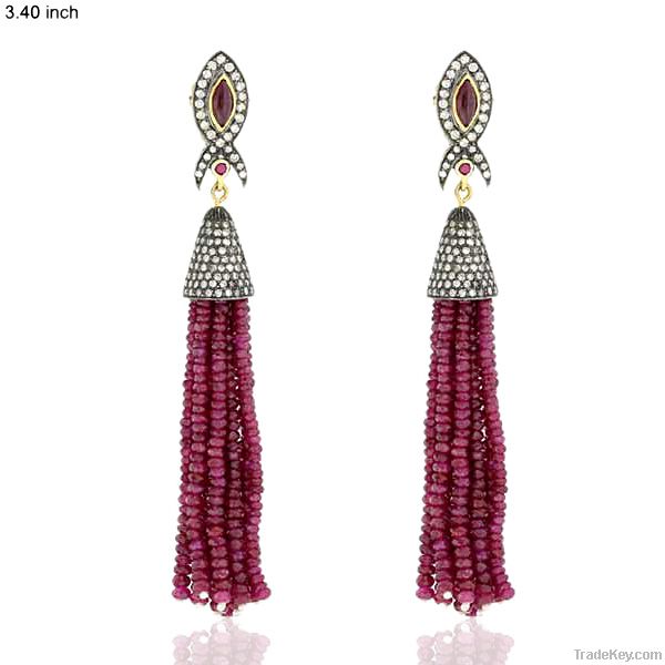 18k Gold Gemstone Ruby Tassels Earring Jewelry