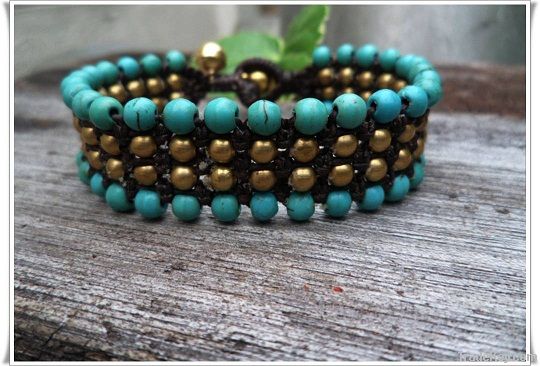 Hippie Turquoise Row Brass Charm Bracelet