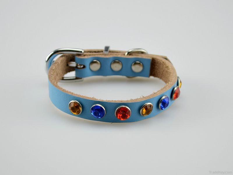 Jewel leather baby blue dog collars Chinese manufacture