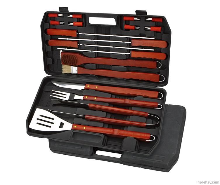 Barbecue Tools with Plastic Case and Wood Handle, Mirror Polish