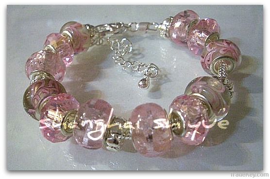 European style charm bracelet Pink Glass