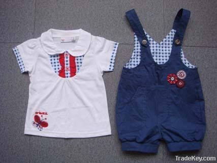 Fashion girl's 2pcs suit set tops with suspenders pants for kids wear