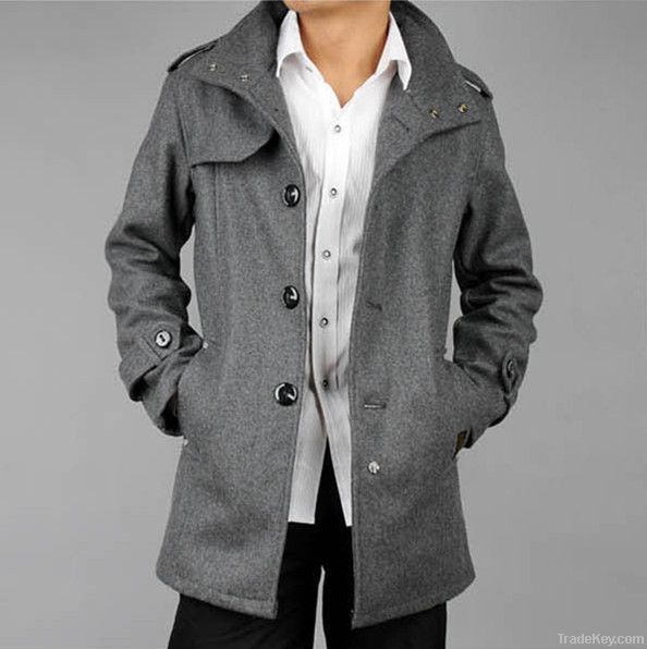 2011 New Mens Woolen Gray Grey / Black Trench Pea Coat Winter