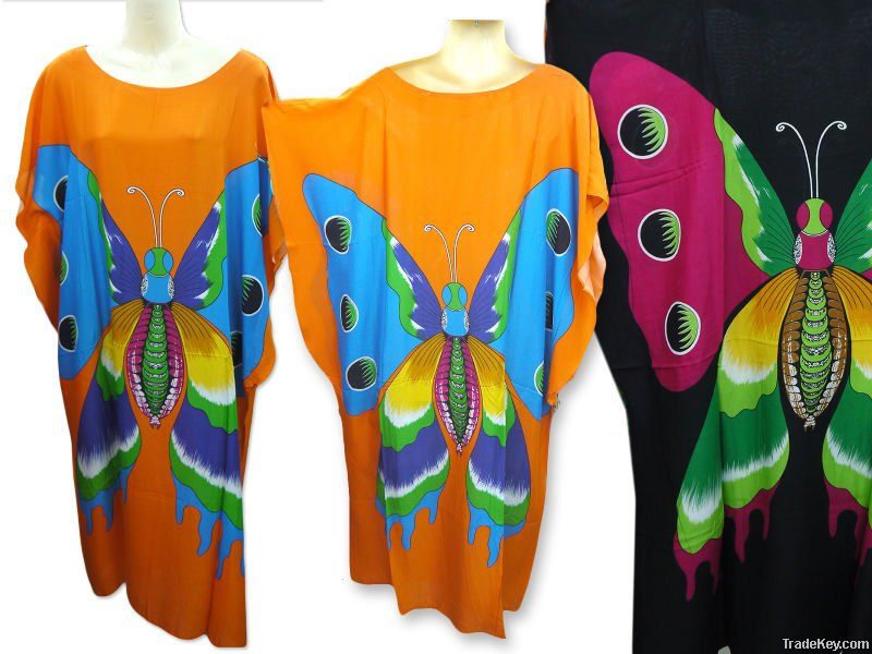 vintage retro HIPPIE BOHO HAWAII BLOCK colorful caftan butterfly dress