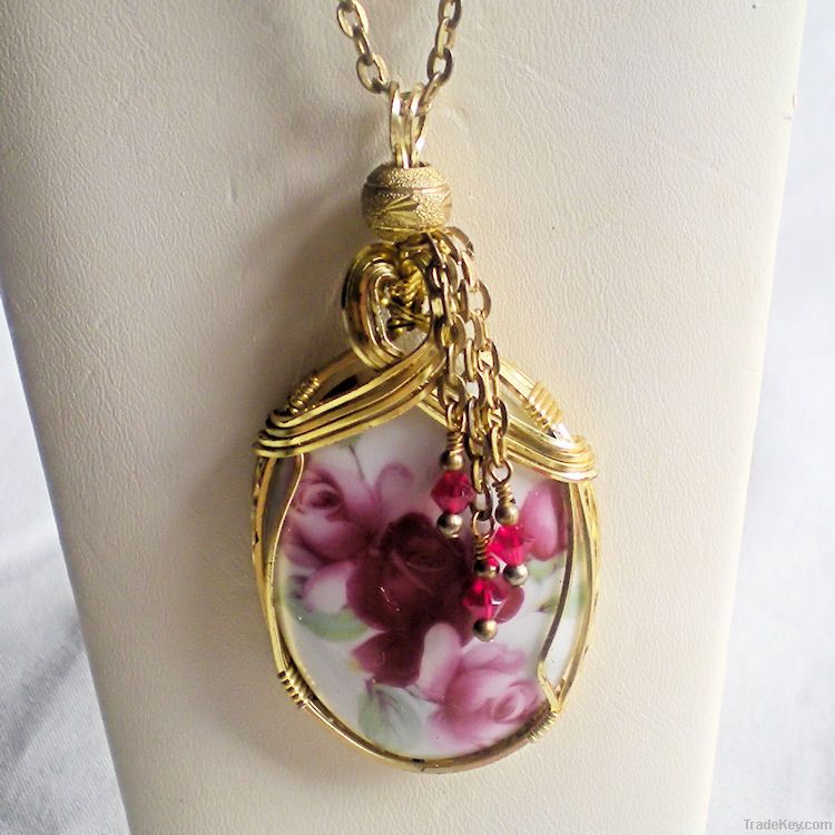 Romantic Roses Porcelain Cameo Pendant Necklace