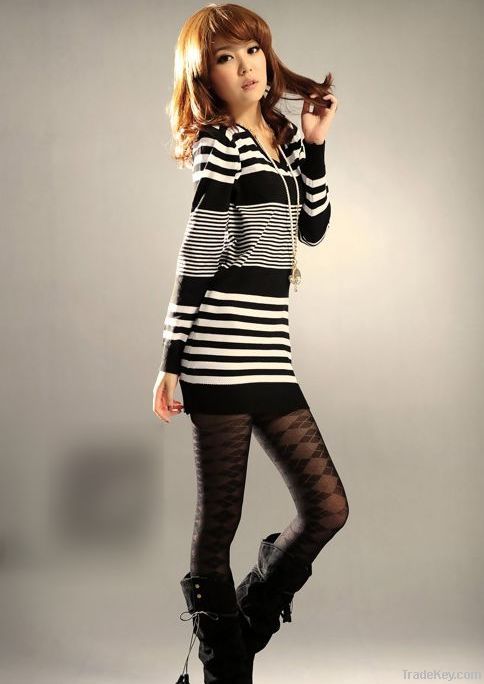 Ladies Striped Sweater V-Neck Dresses