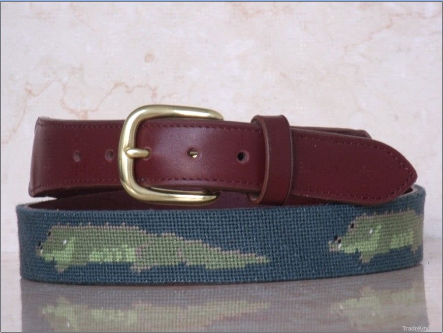 Hand Stitched Alligator Needlepoint Leather Belts