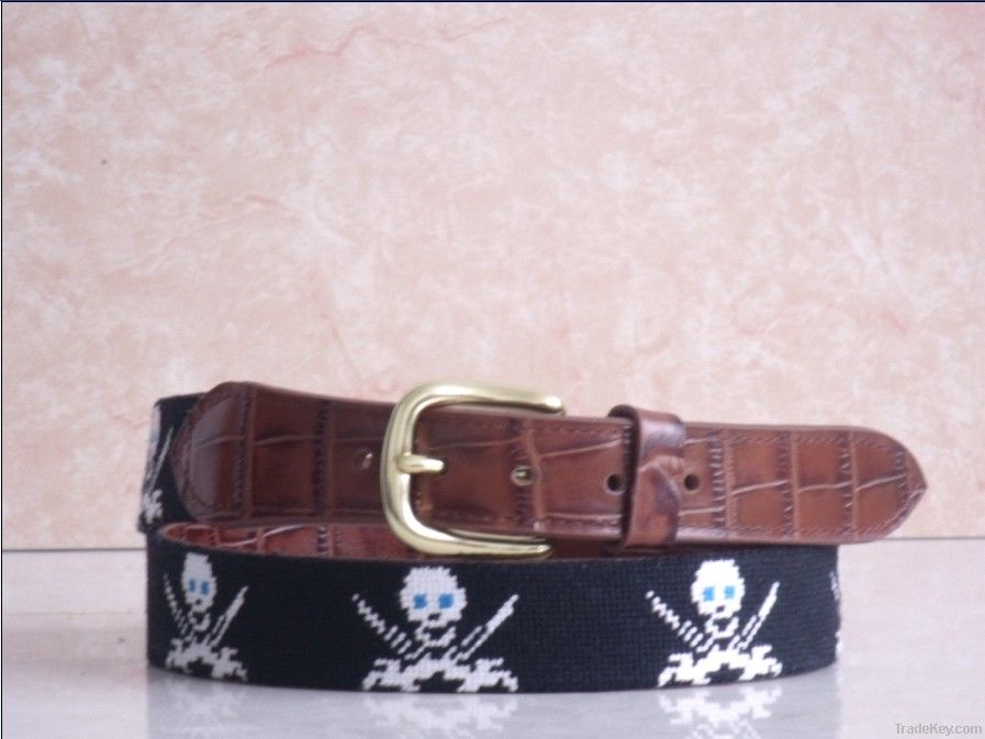 Handstitched Needlepoint belts made of alligator leather