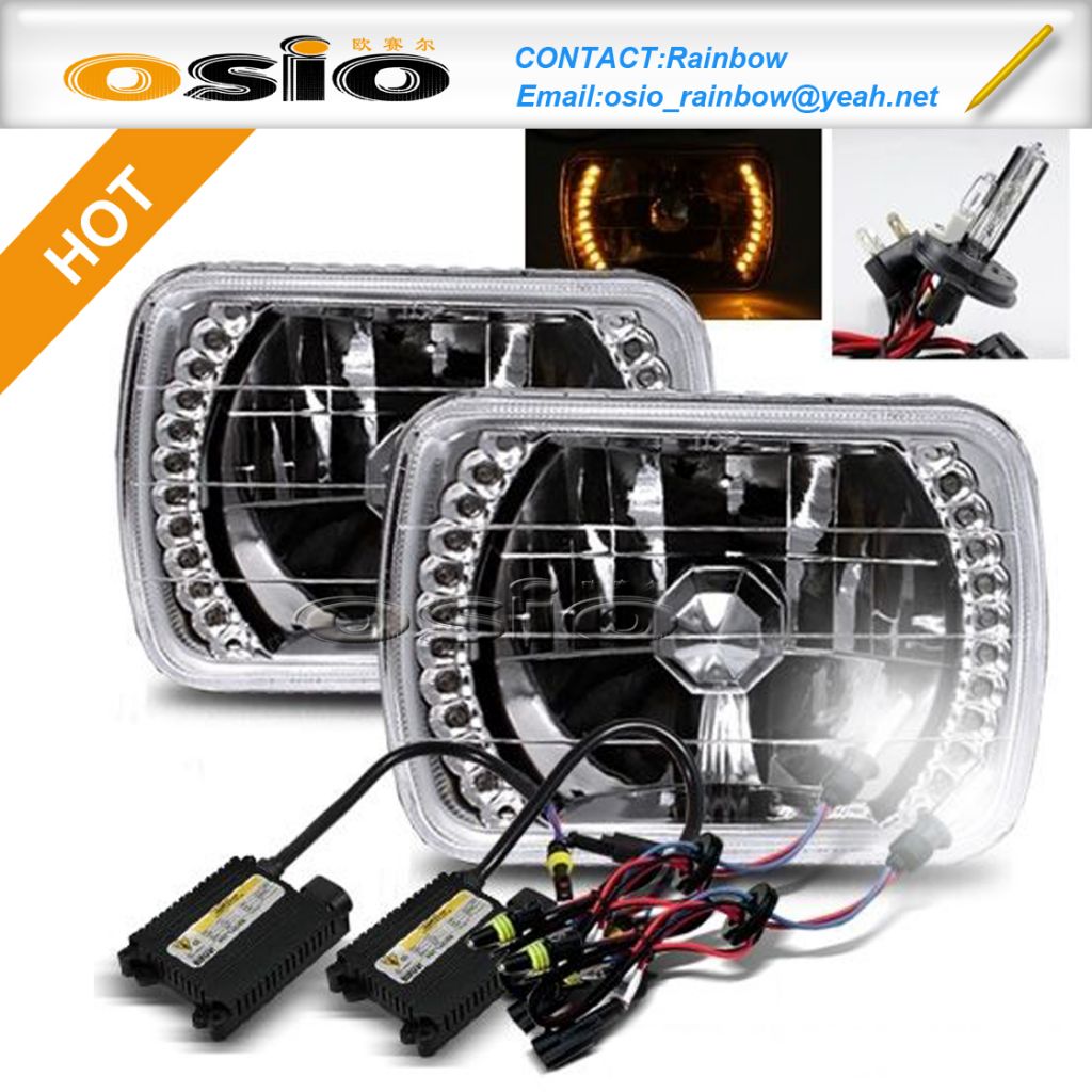 SQUARE SEMI SEALED BEAM with LED HALO RING  INSTALL H4 Halogen /HID XENON BULB  Auto sealed beam headlight